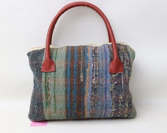 Ethnic kilim bag, Boho handmade bag, Wool and leather bag, 10x14" bag, Unique bag, Hand bag, Fashion bag, Trend bags, No 97