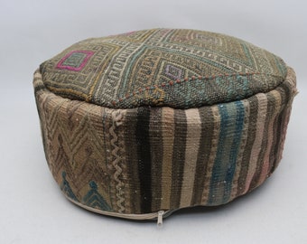 Ethnic pouf, Round camping pouf, Beanbag, Throw pillow, Ottoman cushion, Turkish kilim pouf, Kilim pouf cover 20x20 height 10 inches No 441