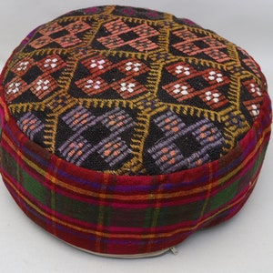Turkish pillow pouf cover, Tribal pillow, Handwoven kilim pouffe, Round Moroccan style pouf, Garden decor, 20x20 height 10 inches No 439 zdjęcie 4