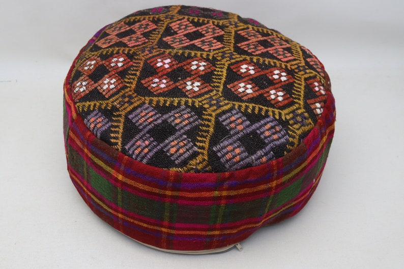 Turkish pillow pouf cover, Tribal pillow, Handwoven kilim pouffe, Round Moroccan style pouf, Garden decor, 20x20 height 10 inches No 439 zdjęcie 4