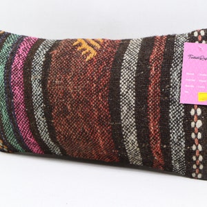 Copricuscino kilim turco fatto a mano in lana, cuscino costiero, cuscino a righe, cuscino lombare, cuscino per arredamento della casa, copricuscino 8x16 pollici n. 907