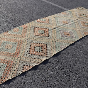 geometric design kilim rug, turkish kilim rug, FREE SHIPPING 3.7 x 11.2 ft handknotted runner rug, entryway rug, vintage rug, TR1032