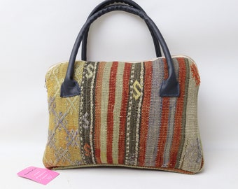 Rare kilim bag, Handmade bag, Wool and leather designer kilim bag, 10x14" bohemian bag, Unique bag ,Rustic bag ,Aztec bag, Kilim bag, No 95