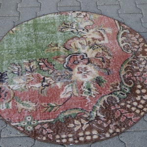 bathroom rug, turkish rug, small area rug, handknotted rug, vintage rug, aztec rug , circle area rug FREE SHIPPING 3.3 x 3.3 ft TR0932
