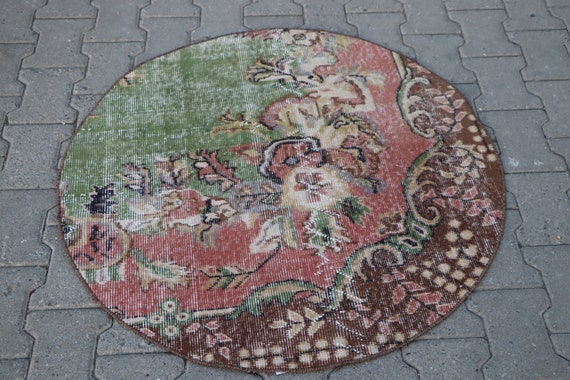 bathroom rug, turkish rug, small area rug, handknotted rug, vintage rug, aztec rug , circle area rug FREE SHIPPING 3.3 x 3.3 ft TR0932