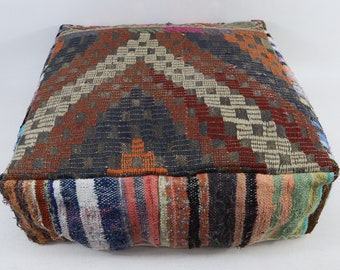 Square pouf, Kilim beanbag, Footstool, Oriental pillow, Camping pillow, Ottoman pouf, Boho decor, Pillow cover, 24x24 height 8 inches No 112