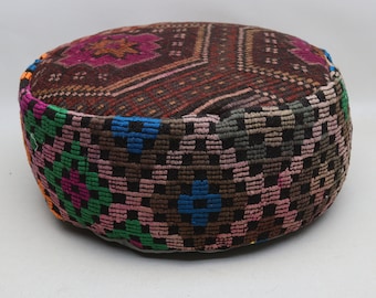 Round pouf, Kilim beanbag, Footstool, Oriental pillow, Camping pillow, Ottoman pouf, Boho decor, Pillow cover 20x20 height 10 inches No 426