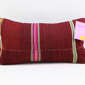 Copertura del cuscino kilim artigianale, cuscino a righe, cuscino lombare, cuscino rustico, arredamento eclettico, cuscino naturale, copertura del cuscino 8x16 pollici n. 972