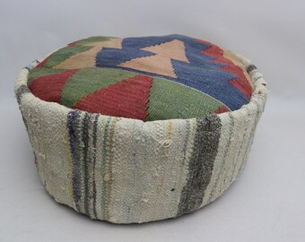 Handgemachter Kelim Pouf, Vintage Boden Pouf, Orientalischer Kelim Sitzsack, Runder Bodenkissenbezug, Marokkanischer Poufbezug, 20x20x10 Zoll No 248