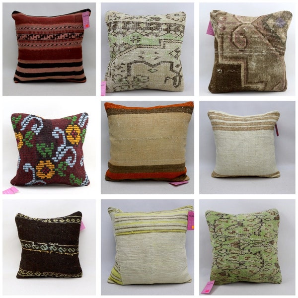 Fundas de almohada decorativas kilim, almohadas de sofá de Anatolia, fundas de almohada kilim de lana hechas a mano, almohada de decoración del hogar, funda de almohada de 16 x 16 pulgadas S1