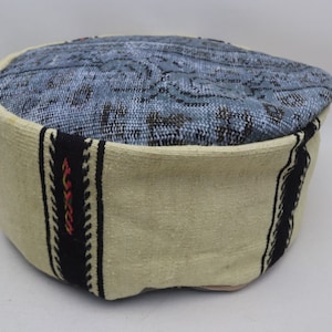 Turkish kilim pillow pouf, Tribal pillow, Handwoven kilim pouffe, Round Moroccan pouf cover, Garden decor pouf 20x20 height 10 inches No 333