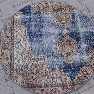 Bathroom rug, Turkish rug, Small area rug, Handmade rug, Doormat rug, Aztec rug , Circle rug, Faded blue rug, Round rug, 2.6 x 2.6 ft TR1867