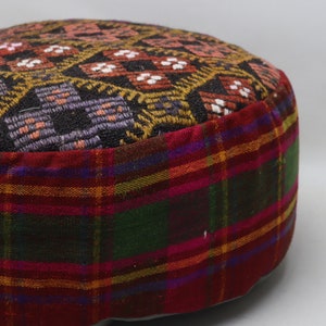 Turkish pillow pouf cover, Tribal pillow, Handwoven kilim pouffe, Round Moroccan style pouf, Garden decor, 20x20 height 10 inches No 439 image 3