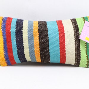 Copertura del cuscino kilim artigianale, cuscino a righe, cuscino lombare, cuscino rustico, arredamento eclettico, cuscino naturale, copertura del cuscino 8x16 pollici n. 709