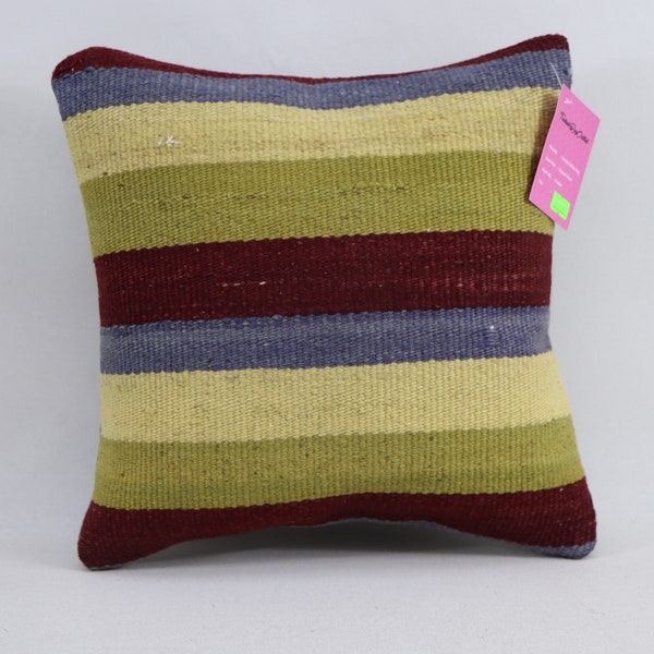 Handmade wool kilim pillow cover, Natural wool pillow, Striped pillow, Boho pillow, Organic pillow, 14 x 14 inch kilim pillow cover no 891