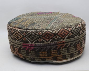 Home decor, Ottoman cushions, Floor pillow, Circle Turkish kilim pouf, Garden pouf, Moroccan style, Pouf cover 20x20 height 10 inches No 431