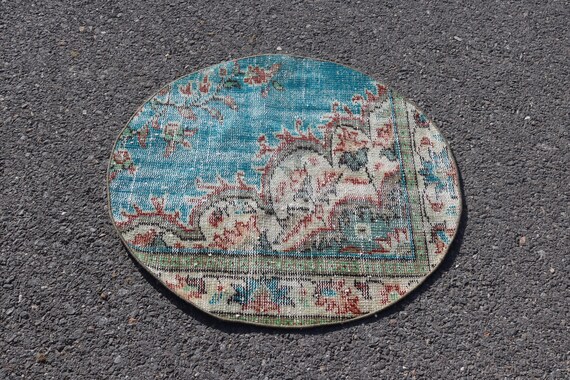 Blue Vintage Rug, Round Rug, Ethnic Rug, Doormat Rug, 2.7 X 2.7 Ft