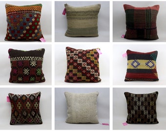 Fundas de almohada decorativas kilim, almohadas de sofá de Anatolia, fundas de almohada kilim de lana hechas a mano, almohada de decoración del hogar, funda de almohada de 18 x 18 pulgadas S1