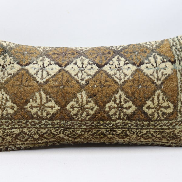 Lumbar rug pillow, Handknotted rug pillow, Tribal rug pillow, Anatolian rug pillow, Organic carpet pillow, 12x24 pillow cover, code 2411