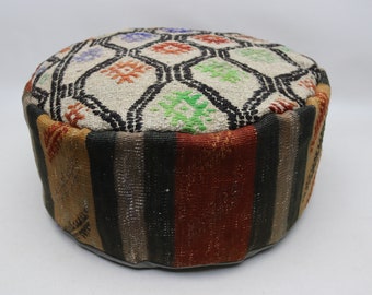 Moroccan style, Circle pouf, Turkish kilim pillow, Handwoven kilim pillow, Garden decor pouffe, Pillow cover, 20x20 height 10 inches No 416