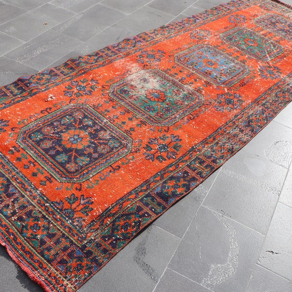 Orange runner rug, Herki rug, Vintage rug , Bohemian rug , Entryway rug , Handmade rug , Turkish rug, Rustic decor, 3.8 x 11.2 ft TRV0854