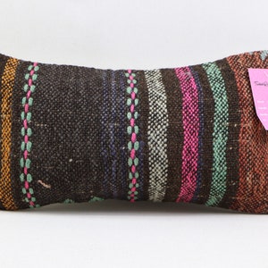 Cuscino decorativo in lana fatto a mano, cuscino kilim a righe, cuscino turco, cuscino arredamento rustico, cuscino lombare, copertura cuscino 8x16 pollici, n. 796