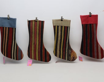 striped wool kilim stocking set, anatolian decorative kilim christmas socks set, 11x18 christmas ornament, home decor stockings, No 1446