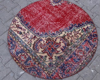 Red circle rug, Vintage rug, Small area rug, Bathroom rug, Turkey rug, Boho decor rug, Turkish rug, Oriental Round rug 3.3 x 3.3 ft TR1863