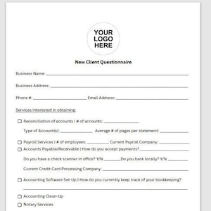 Bookkeeping Business New Client Questionnaire - Bookkeeping Editable Template - Bookkeeping New Customer Document