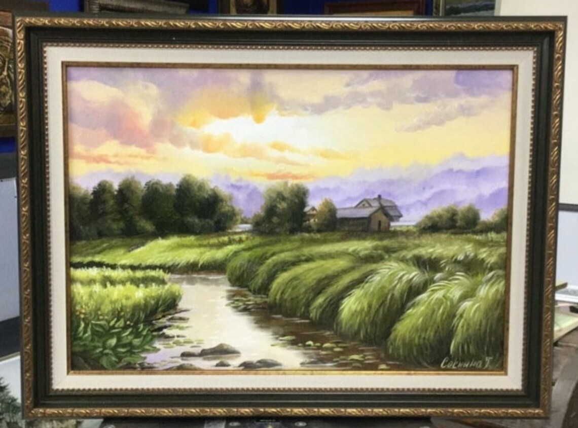 Oil painting on canvas evening landscape sunset water Etsy