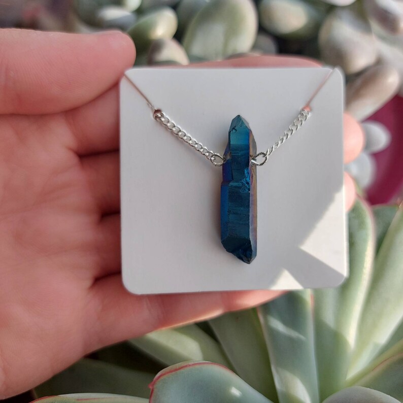 Cobalt Aura Quartz Necklace Eco Friendly Crystal Healing Jewellery Spiritual Gifts Lead and Nickel Free Silver plated Chain