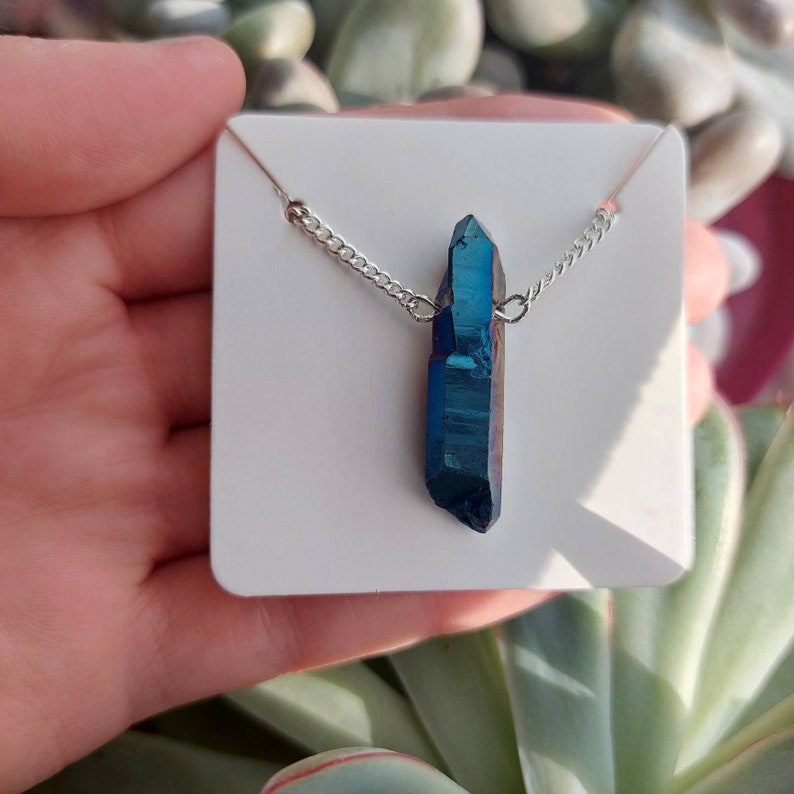 Cobalt Aura Quartz Necklace Eco Friendly Crystal Healing Jewellery Spiritual Gifts Lead and Nickel Free Silver plated Chain