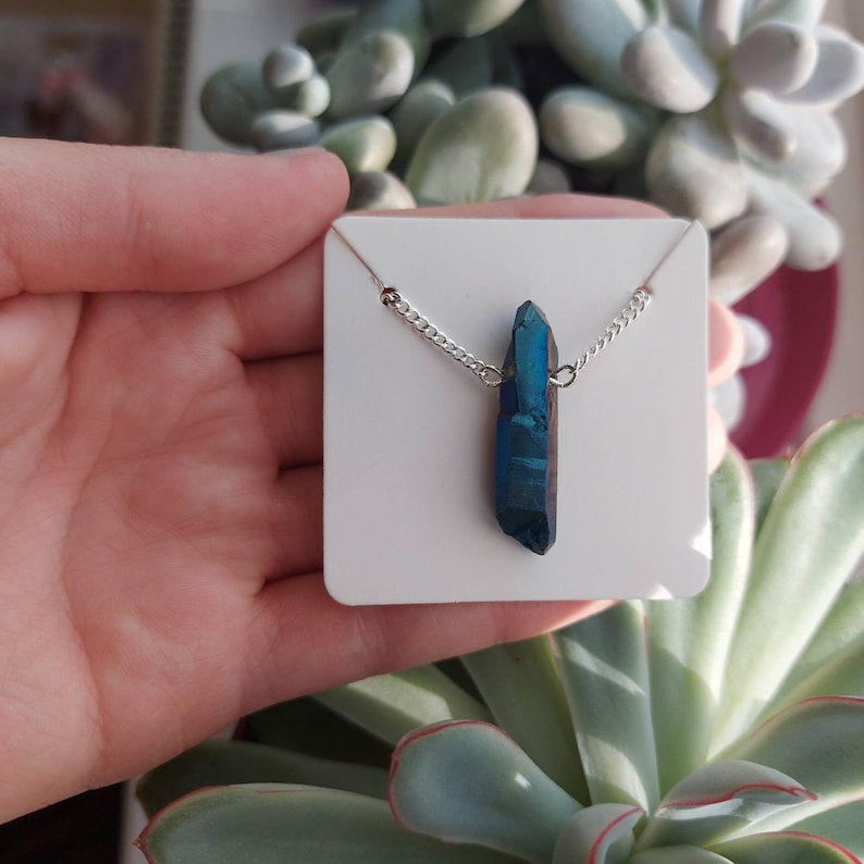 Cobalt Aura Quartz Necklace Eco Friendly Crystal Healing Jewellery Spiritual Gifts Lead and Nickel Free Silver plated Chain