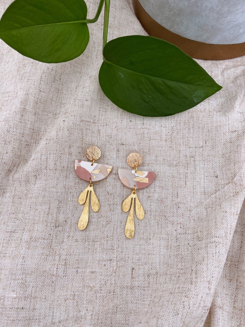 statement earrings Blush clay earrings polymer clay earrings gold pearl leaf drop earrings Blush earrings |