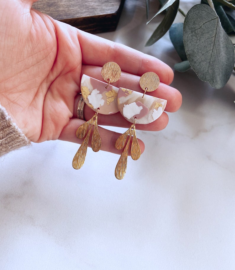 statement earrings Blush clay earrings polymer clay earrings gold pearl leaf drop earrings Blush earrings |