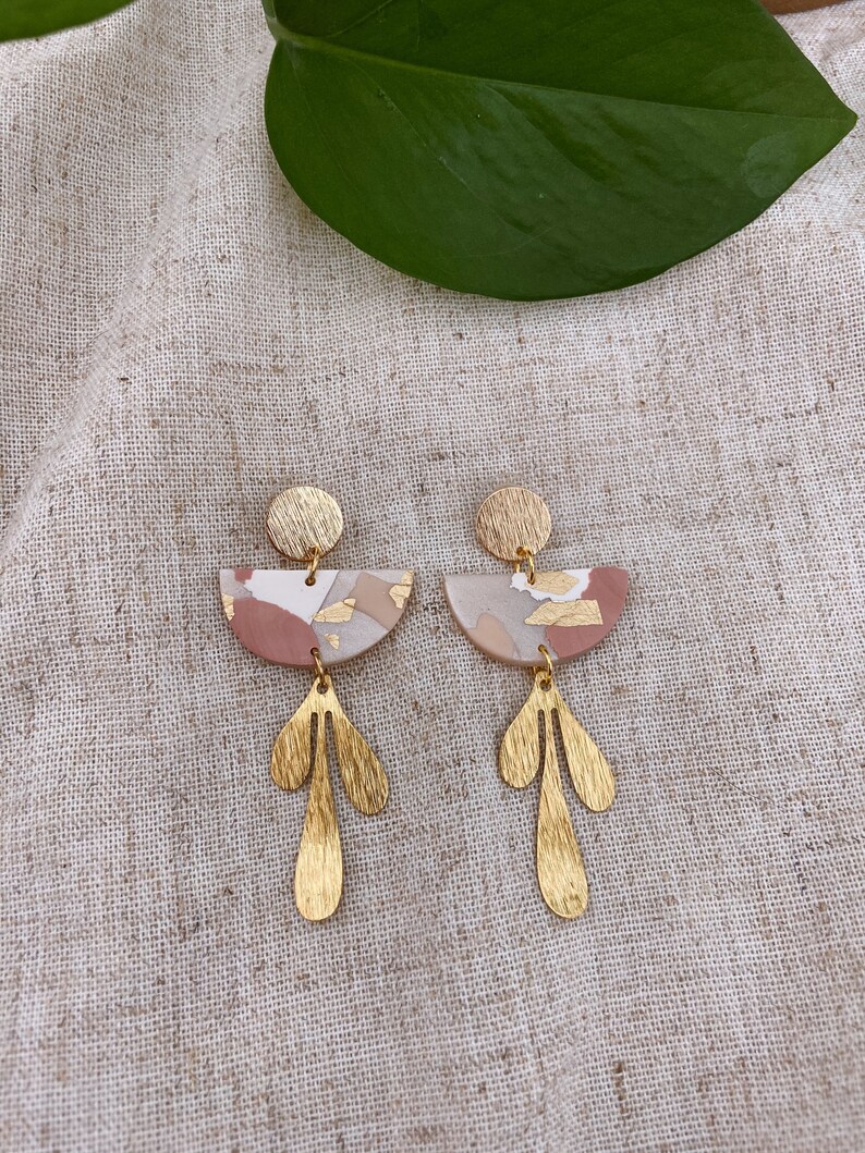 statement earrings Blush clay earrings polymer clay earrings gold pearl leaf drop earrings Blush earrings |