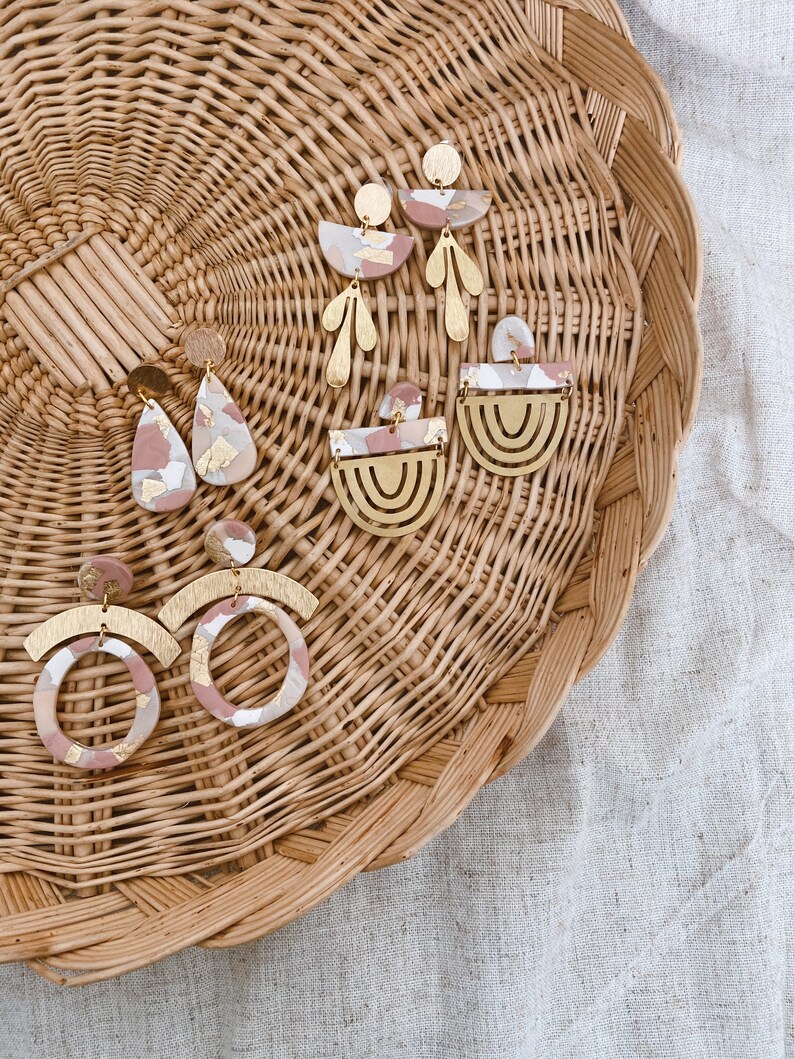 statement earrings Blush clay earrings polymer clay earrings gold pearl leaf drop earrings Blush earrings |