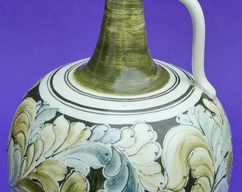 A Large Striking Vintage C. Mallorca Felanitx Green & White Floral Hand-painted and Glazed Ceramic Bulbous Handled Vase. No 505.