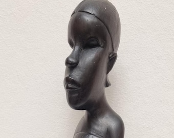 Vintage Hand Carved Ebony of African Female Figurine with Pestle & Mortar.