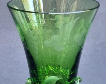 Rare 19th Century Bohemia Czech Etched Grapevine Motif Green Roemer Wine Glass.