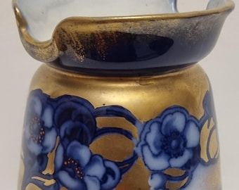 Antique 1900s F. W. & Co. Arundel Flow Blue Vase - Art Nouveau Gilded Floral Porcelain.