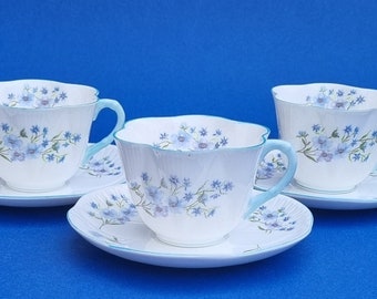3 Dainty Vintage 1950s Shelley "Blue Rock" Fine Bone China Tea Cup and Saucers (13591). Made in England. ***Sold Individually***