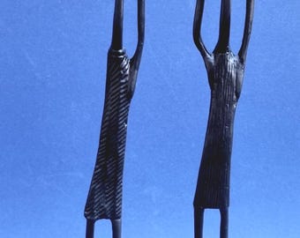 Mid Century African Brutalist Hand Crafted Elongated Bronze/Brass Sculptures/Figurines - Set of 2.