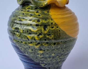 Striking Vintage Blue Green & Yellow 11cm Glazed Ceramic Vase.
