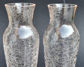 A Pair of Elegant Vintage Blown Pale Pink Crackle Vases.