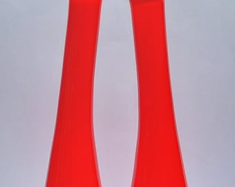 A Pair of Mid Century Slanted Opaque Red Art Glass Bud Vases. Floris Meydam Style.