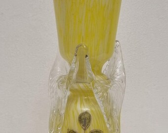 Antique Franz Welz Czech Bohemian Lemon Marble Splatter Vase with Hand-Painted Enamelled Flowers.