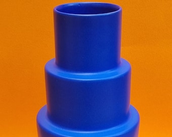 Mid Century Modern 1980s Habitat Tiered Cylindrical Shaped Ceramic Denim Blue Vase.