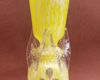 Antique Franz Welz Czech Bohemian Lemon Marble Splatter Vase with Hand-Painted Enamelled Flowers.