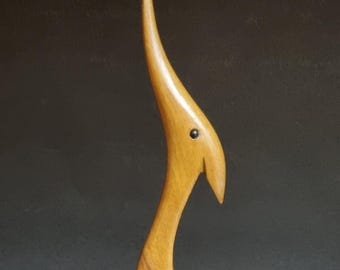 Vintage Mid Century Modern Teak Wood Hand Carved Crane Heron Figurine.